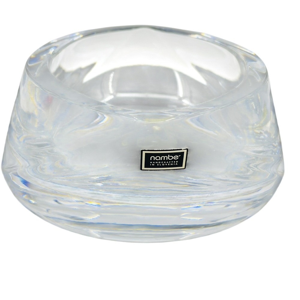 Nambe Crystal Bowl Handcrafted Slovenia Clear Glass Triangular Catchall 6.5in‎
